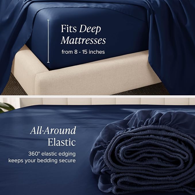 Bare Home 100% Organic Cotton Twin Sheet Set - 400 Thread Count - Smooth Sateen Weave - Breathable & Cooling - Hotel Luxury Set - Deep Pocket Bed Sheets (Twin XL, Dark Blue)