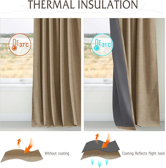 RYB HOME Pinch Pleated Back Tab Curtains Linen Textured 100% Blackout Curtains Thermal Insulated for Bedroom Living Room Bay Window Drapes, W 42 x L 90 inches, Burlap, 2 Panels