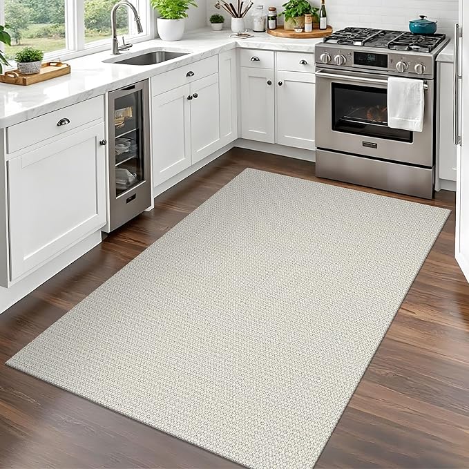 EARTHALL Woven Area Rug 3x5 Ft Washable Rugs for Entryway, Braided Rubber Backed Throw Rugs Door Mat Indoor Outdoor Entrance, Cotton Rug for Kitchen Foyer Front Door Living Room, Cream/Grayish