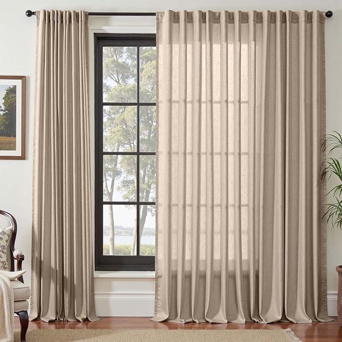 jinchan Extra Wide Sliding Door Curtain 120 Inch Length Taupe Linen Curtains Semi Sheer Drapes for Patio Door Living Room Bedroom Floor to Ceiling Light Filtering Drapes 100 Inches Wide 1 Panel