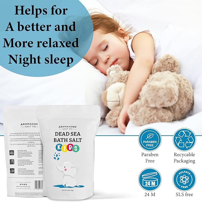 Aromasong Dead Sea Salt Kids Bath Soak with Aloe Vera – Soothing, Calming & Sleep-Ready – 4 Lbs Fine Grain Bulk Resealable Pack – 100% Pure & Natural Mineral-Rich Bath Salt
