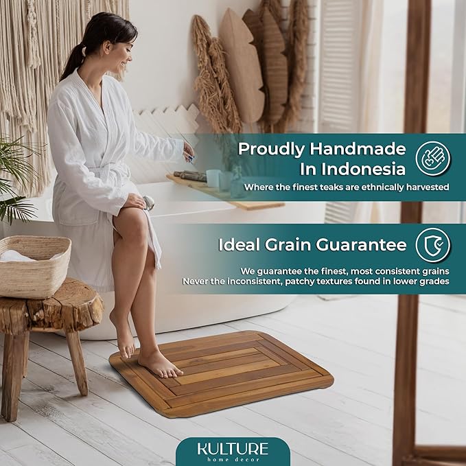 Wooden Bathroom Mat 30x20 in, Teak Shower Mat with Non-Slip Slats, Water Resistant Spa Sauna Shower Floor, Handcrafted in Java