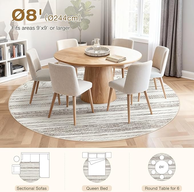 Tortania 8' Round Area Rug Living Room Rugs - Washable Large Soft Neutral Boho Moroccan Bohemian Farmhouse Rug Indoor Floor Carpet for Bedroom Under Dining Table Home Office Decor - Cream/Brown