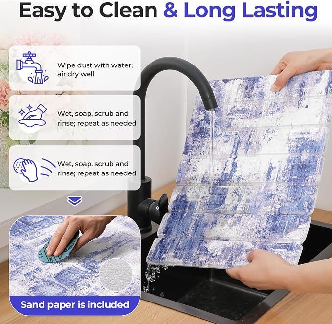 Findosom Large Stone Dish Drying Mat for Kitchen Counter, 23.6" × 15.3" Foldable Non-Slip Stone Drying Mat with Abstract Pattern, Heat Resistant Diatomaceous Earth Mat for Bath, Dishes, Cups, Blue