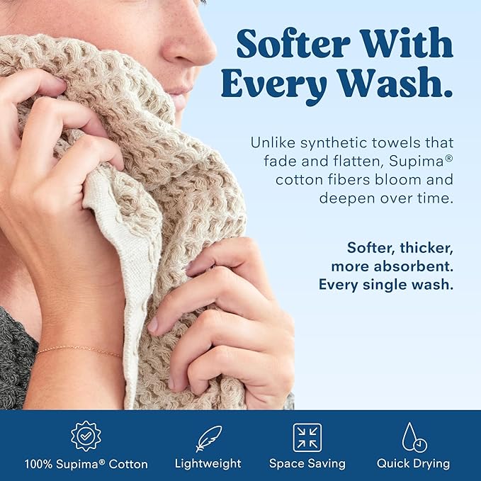 ONSEN Supima® Waffle Hand Towels, Quick Dry Lint Free 100% USA Cotton, Lightweight Absorbent Hand Towel Set, 16x30 in (Oatmeal, Hand Towel 2-Pack)