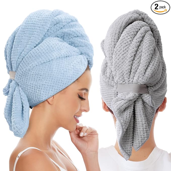 2 Pack Large Microfiber Hair Towel Wrap for Women, Anti Frizz Hair Drying Towel, Fast Dry Hair Turban for Wet Hair, Long, Thick, Curly Hair, Super Absorbent Soft Hair Towels (Blue & Gray)