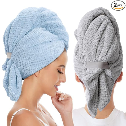 2 Pack Large Microfiber Hair Towel Wrap for Women, Anti Frizz Hair Drying Towel, Fast Dry Hair Turban for Wet Hair, Long, Thick, Curly Hair, Super Absorbent Soft Hair Towels (Blue & Gray)