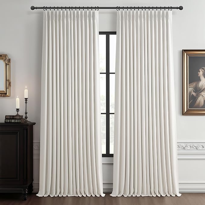 PleatedDrapes Beige White Dual Layer Blackout 102 Inch Length Curtain Panels 2 for Sliding Glass Door, Luxury Pinch Pleated Flax Linen Ceiling Track Curtain Thermal Room Darkening Ivory Window Drapes