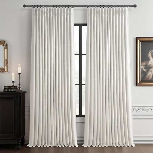 70 Inch Extra Wide 100% Blackout Curtains 92 Inches Long 2 Panels Set for Kids Room, Beige White Memory Trained Pleated Thick Linen Thermal Noise Reducing Neutral Windows Curtain Light Blocking Drapes