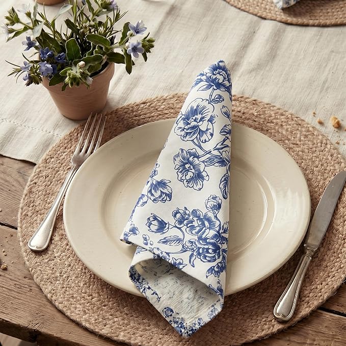 Mindsoft 12 Pack Blue Floral Cloth Napkins 18x18 Inch Reusable Linen Cotton Dinner Napkins Vintage Blue and White Table Napkin Cloth for Wedding Banquet Bridal Party Supplies