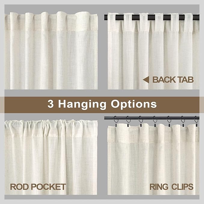 Ptialk Cream Linen Curtains 80 Inch Length for Bedroom Semi Sheer Large Drape Light Filter Extra Wide Curtain for Living Room Dining Hall 2 Panel Set Back Tab Pocket 5 FT Wide 60x80 Long Ivory Colored
