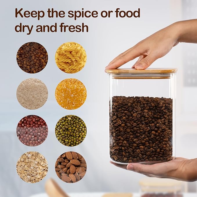 D2scrma 115oz Airtight Glass Square Storage Canister with Bamboo Lid Set of 1 (3400ml) Gallon Glass Jars Large Kitchen Canister for Sugar, Flour, Cookies and Coffee beans (‎with Black Lable)