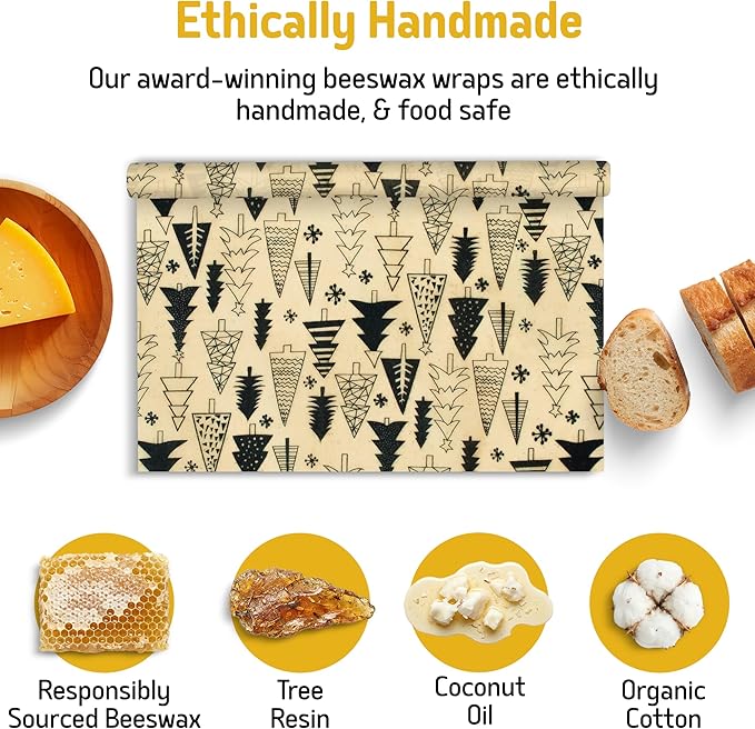 SUPERBEE Reusable Beeswax Wraps for Food – XL Beeswax Wrap Roll (35x13"), Bees Wrap Paper for Wrapping Cheese, Veggies, Sandwiches & Bowl Covers, Festive Holiday Print, Sustainable Gift Idea