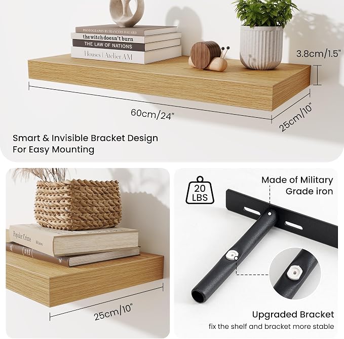 Fun Memories 24 x 10 Floating Shelves Wall-Mounted - Rustic Wood Shelf - 10 Inch Deep Floating Shelves for Wall - Large Storage Shelf for Bathroom - Kitchen & Bedroom - Oak - Set of 3