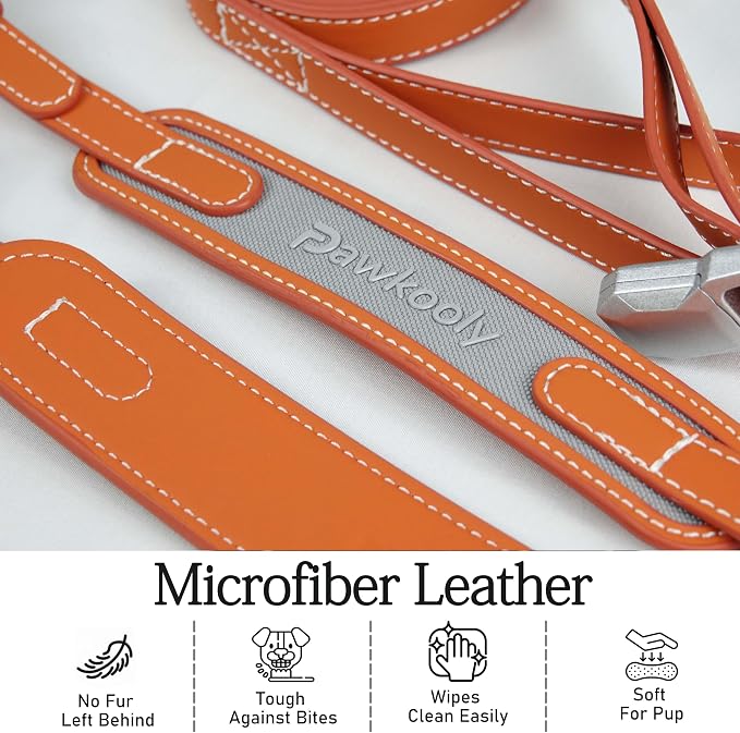 MagEase Dog Collar with 4FT Leash | Adjustable | Anti-Wrinkle, Bite & Stain-Resistant Leather | Soft & Skin-Friendly | 450LB Escape-Proof Magnetic Buckle (Orange, Large)