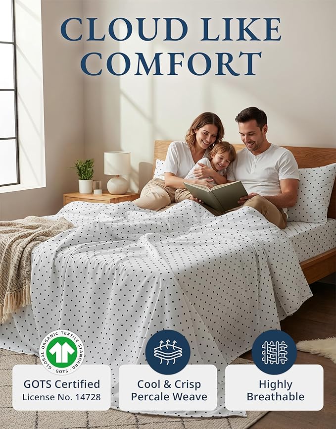 LANE LINEN 100% Organic Cotton Full Sheets Set, Percale Fully Elasticized Mercerized Soft & Comfy Machine Washable Printed Cotton Sheet Set, Eco Friendly Printed Full Size Bedding- Polka Dot
