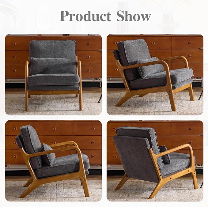 Karl home Mid-Century Modern Accent Reading Chair, Grey | Chenille Upholstered, Solid Wood Frame, Soft Cushion, Lumbar Pillow, Lounge Armchair for Living Room, Bedroom, Balcony, Study
