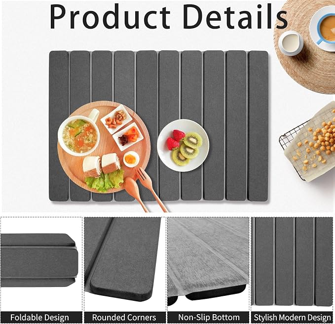 Large Stone Dish Drying Mat for Kitchen Counter, 24"×16" Absorbent Foldable Water Absorbing Mat, Diatomaceous Earth Quick Drying Pad for Dishes Bottles, Cups and Utensils, Dark Gray