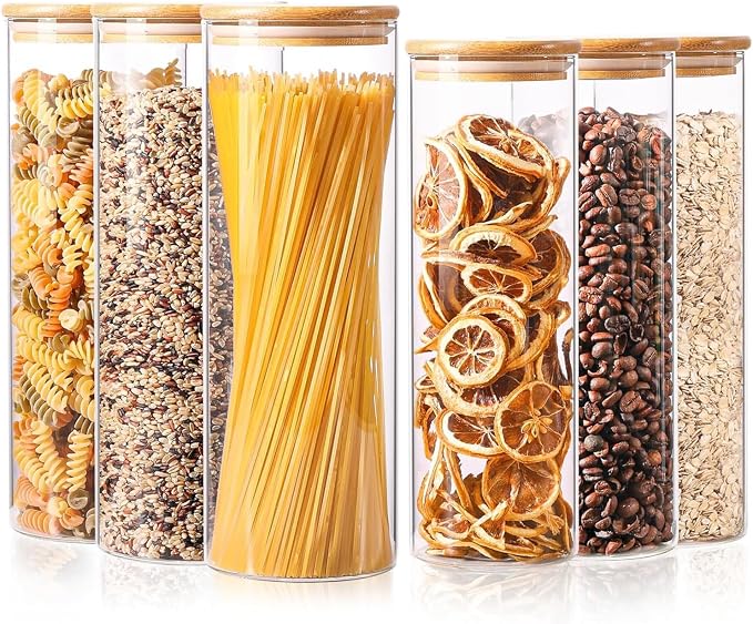 ComSaf Pasta Containers Storage 2 Qt/1.1Qt, 6 Pack Tall Glass Spaghetti Jar | Tall Glass Jar, BPA Free, Glass Storage Containers wtih Lids, Noodles, Cereal, Oats, Dry Food Storage, Pantry Pasta Holder