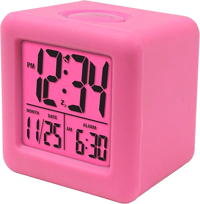 Equity 70910 Digital Pink Silicone Cube Alarm Clock with On-Demand Backlight