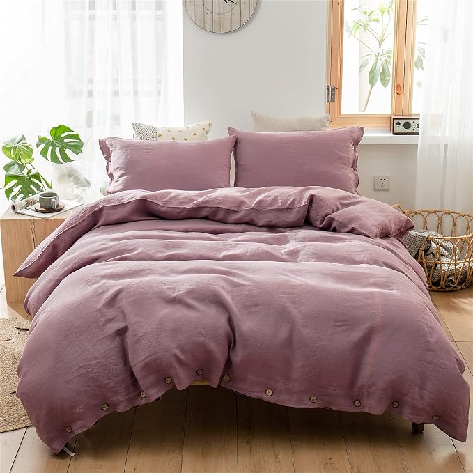 Simple&Opulence 100% Linen Duvet Cover Set 3pcs with Coconut Button Closure Natural French Washed Flax Solid Color Soft Breathable Farmhouse Bedding - Purple, King Size