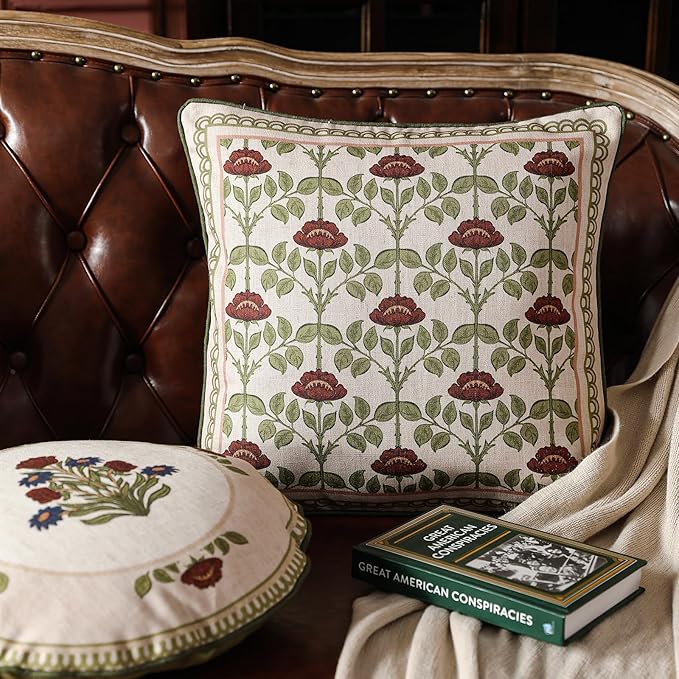 ISAENNE Design Linen Square Throw Pillow Covers 18"x18" Pack of 2, Yellow Green French Cushion Covers with Red Rose Floral Pattern Decoration Pillowcases for Bed, Living Room, Outdoor, Car