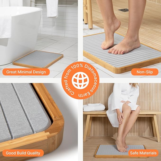 Stone Bath Mat with Bamboo Trim - Quick-Dry Diatomaceous Earth Shower Mat | Super Absorbent, Non-Slip, Minimalist Bathroom Floor Mat for Spa Style Décor, Bathroom, Kitchen, Entryway - Stone Grey