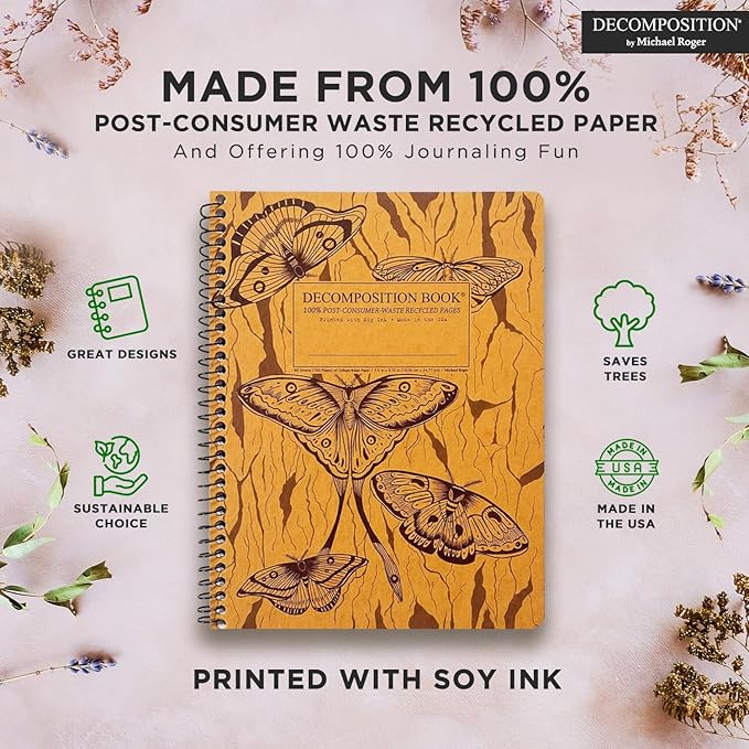Decomposition Midnight Moths College Ruled Spiral Notebooks – 9.75 x 7.5 Journal with 160 Lined Pages – Notebooks for School Supplies, Home & Office – 100% Recycled Paper – Made in USA