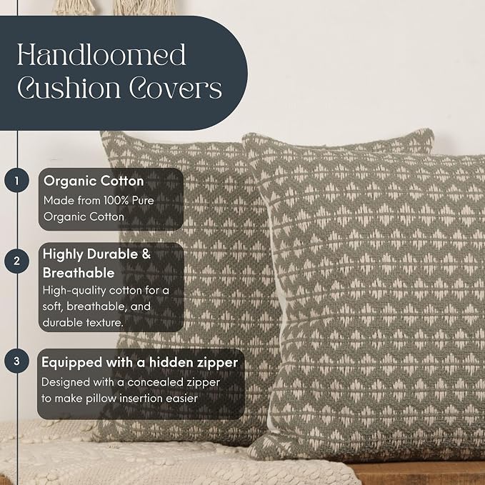 Trade Star Set of 2 Handloomed Throw Pillow Covers Premium 100% Cotton Decorative Cushion Shams Soft Durable Elegant Farmhouse Style Pillow Cases for Cozy Home Decor 20x20 Inches