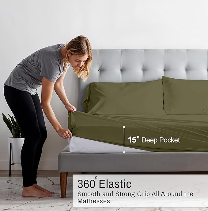 RUVANTI 100% Cotton Organic Percale Sheets Twin XL Size – Crisp Cooling Bed Sheets for Hot Sleepers, Deep Pocket 15”, Soft Peach Finish, Breathable & Durable Hotel-Style 3 Pcs, Olive