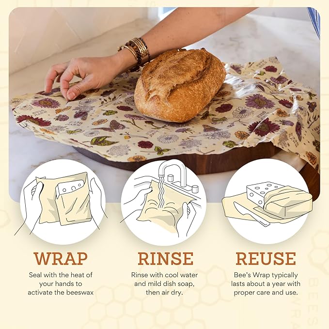 Bee's Wrap Beeswax Wraps for Food - Pack of 2 Bread Wraps - Meadow Magic & Honeycomb - Plastic Free Made in USA Reusable Bread Storage Bags - Organic & Sustainable Sourdough Bags