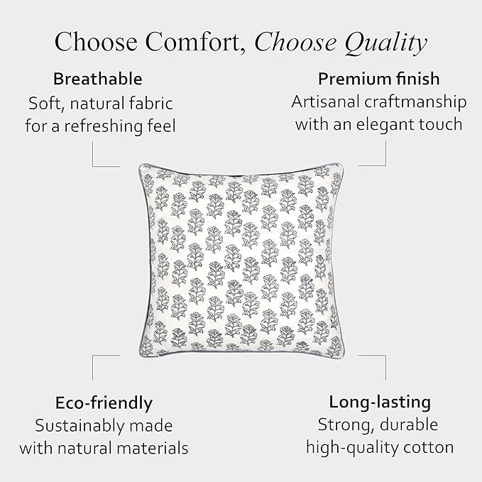 CPC 100% Cotton Throw Pillow Covers 18x18 Inch, Set of 2 Pink Block Print Pattern Couch Pillow, Cute Boho Decorative Pillows for Living Room, Bedroom with Hidden Zipper- Misty Grey Floral