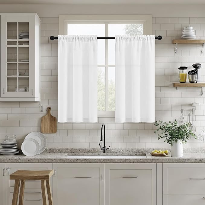 White Linen Kitchen Curtains 36 Inches Long for Small Window Dual Rod Pocket Semi Sheer Drapes Privacy Light Filtering Short Curtains 36 Inch Length for RV Campers W25xL36 Set of 2