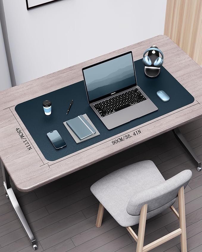 YSAGi Double-Sided Desk Pad, 35.4"x17"Leather Desk Mat, Eco Cork Desk Pad Protector,Large Mouse Pad,Waterproof Desk Blotter for Office/Home(Dark Blue)