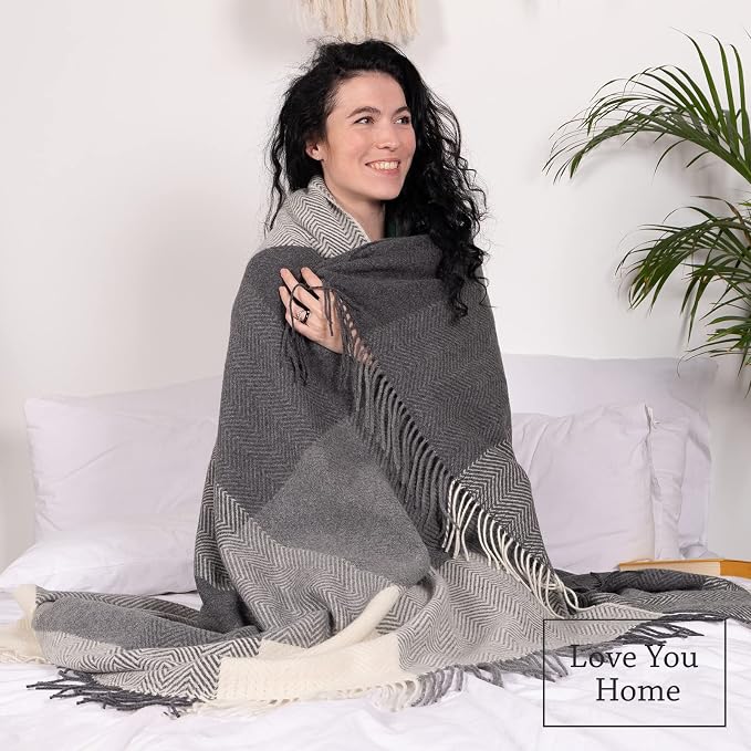 LYHome Merino Wool Blanket - Warm Throw for Cold Weather, Warmest Travel Outdoor Camping Blankets, Picnic Army and Military Throws, Comforter Soft & Cozy (55" x 79" Dark Grey - Grey - White Squares)
