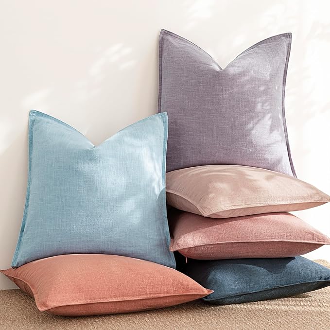Foindtower Pack of 2, Decorative Linen Soild Throw Pillow Covers Soft Accent Euro Cushion Case Boho Farmhouse Neutral Pillowcase for Couch Sofa Bedroom Living Room Home Decor 24 x 24 Inch Light Purple