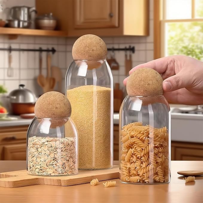 Glass Jars with Cork Ball - Glass Tea Coffee Sugar Canisters - Cereal Storage Containers - Tea Sugar and Coffee Containers Set - Set of 3 Clear Glass Jars with Lids(300ml/10Oz,500ml/17Oz,800ml/27Oz)