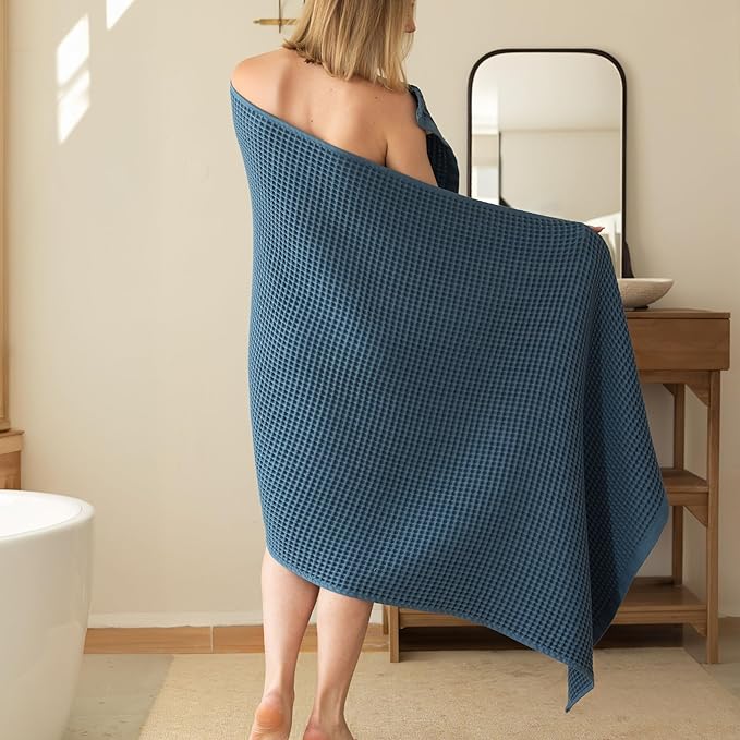 Premium Waffle Bath Towels Pack of 2 Extra Large 35x71 inch - 100% Turkish Cotton, Waffle Weave, Quick Dry, Lint Free, Oversized, Thin Bath Sheet Towel (Indigo, Set of 2 Bath Towels)
