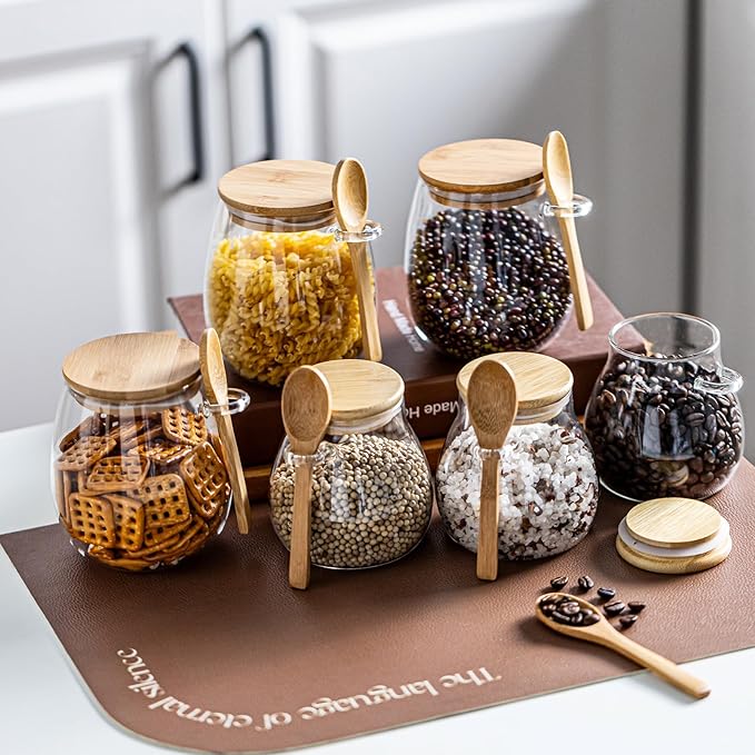 Airtight Glass Food Storage Jars with Bamboo Lid and Spoon - Wide Mouth Leak Proof Kitchen Canisters for Coffee Beans,Tea Leaves,Cereal,Flour,Nuts,and Pantry Organization (16oz 4PCS)