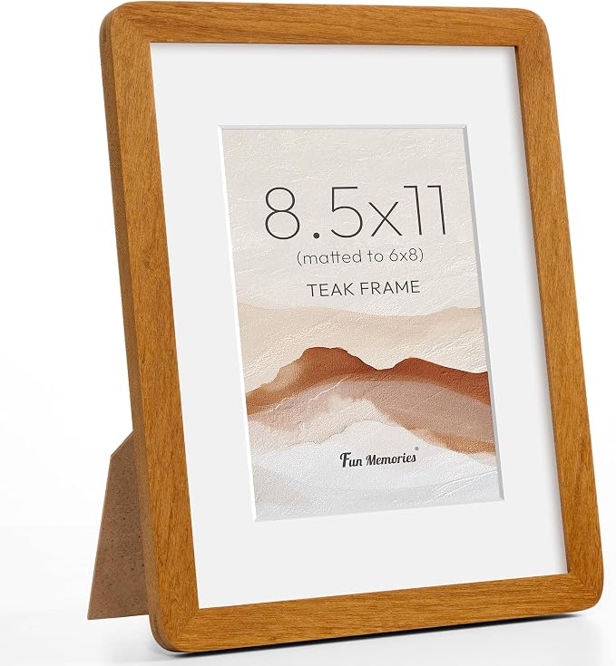 Fun Memories 8.5x11 Picture Frame - Solid Teak Wood Diploma & Certificate Frame, 8.5x11 Frame with Mat for 6x8 Photos, Awards & Achievements, Tabletop and Wall Display with Real Glass, Natural Teak