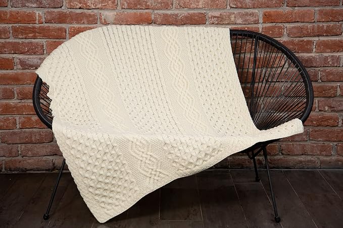 SAOL Honeycomb and Cable Knit Patterns 100% Irish Merino Wool Aran Throw/Blanket 60 x 40 inches (Natural)