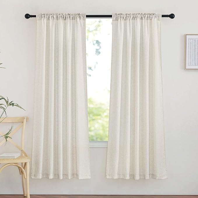 NICETOWN Bedroom Curtains Linen Blend Texture, Rod Pocket & Back Tab Privacy Added with Light Filtering Vertical Drapes for Bedroom/Living Room, Natural, W42 x L72, 2 Panels