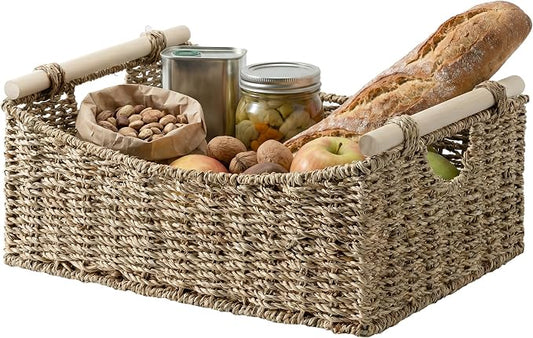 StorageWorks Large Wicker Baskets for Organizing, Seagrass Storage Baskets with Handles, Woven Baskets for Pantry Storage, 15" x 11" x 6¾", 1-Pack