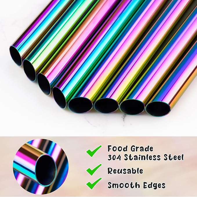 NiHome 8-Pack Stainless Steel Straws for Boba, Smoothie, 10.4” Metal Straws | 0.5'' Extra Wide Metal Reusable Straws, 4 Bent & 4 Straight Drinking Straw for Bubble Tea, Milkshake, 2 Brushes, Iridescent