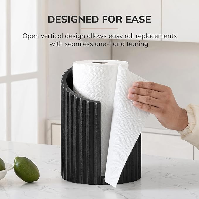 Anji Mountain Wooden Paper Towel Holder Countertop with Mango Wood Round Base and Iron Holder, Holder Stand for Kitchen Roll Organizer & Kitchen Dining Table Home Decor - Black/Black, Fluted