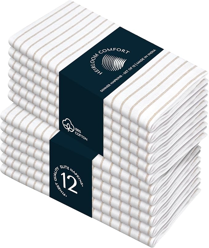 Beige Stripe Cloth Napkins (Set of 12), 18x18 Inch, 100% Cotton, Machine Washable, Classic Striped Table Dinner Napkin for Farmhouse Dining, Everyday Use & Special Occasions