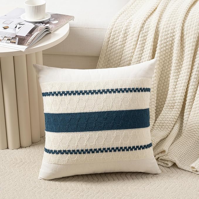 Fancy Homi Set of 2 Boho Teal Decorative Throw Pillow Cover 20x20 Inch for Couch Bed Sofa, Aesthetic Modern Organic Farmhouse Home Decor, Soft Cotton Cute Accent Macrame Woven Cushion Case