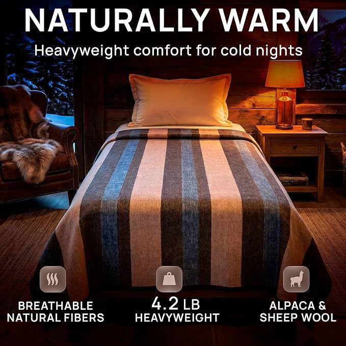 Desert Breeze Distributing Alpaca & Merino Sheep Wool Blanket Twin Size, 100% Wool Bed Blanket, Heavyweight Warm Winter Blanket for Extreme Cold, Woven in Peru, Earth Tones