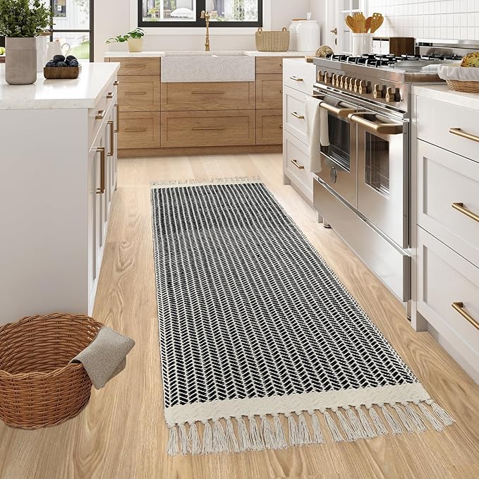 Lahome Belle Boho Hallway Runner Rug, 2x6 Laundry Room Lightweight Entry Woven Cotton Throw Mat with Tassels, Farmhouse Non Shedding Washable Black Low Pile Runner for Kitchen Bathroom