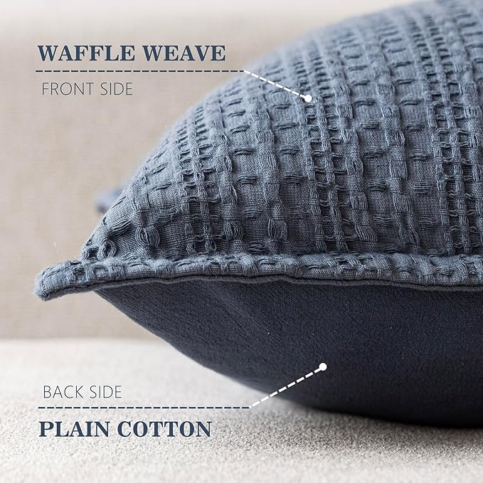 Foindtower Set of 2 Decorative Cotton Waffle Weave Throw Pillow Covers Euro Shams Cushion Covers Accent European Pillowcase for Bed Couch Sofa Bedroom Living Room Home Decor 24×24 Inch Blue